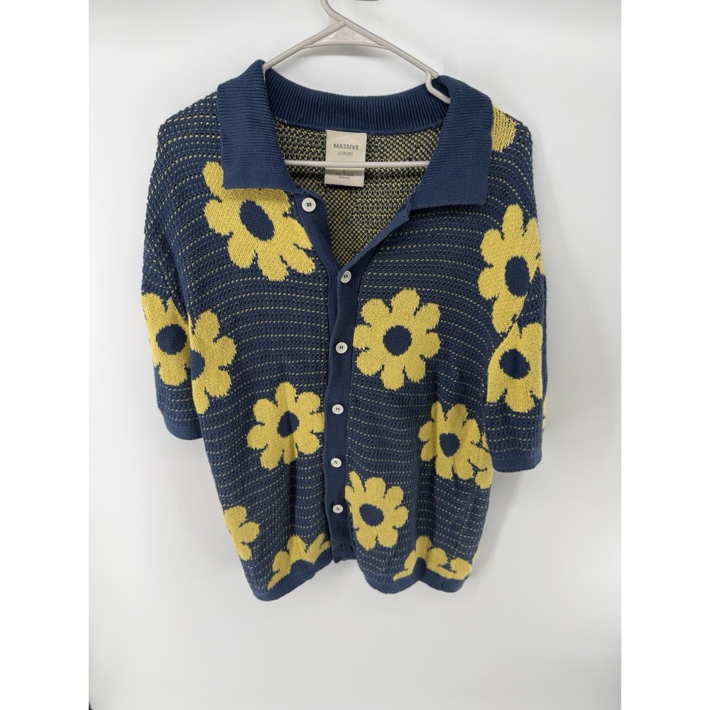 Massive Luxury Sweater Mens Large Blue Yellow Flower Knit Cotton Polo Shirt